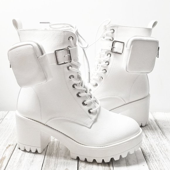 Shoes - New Women White Pouch Lace Up Platform Combat Military Ankle Boots Booties